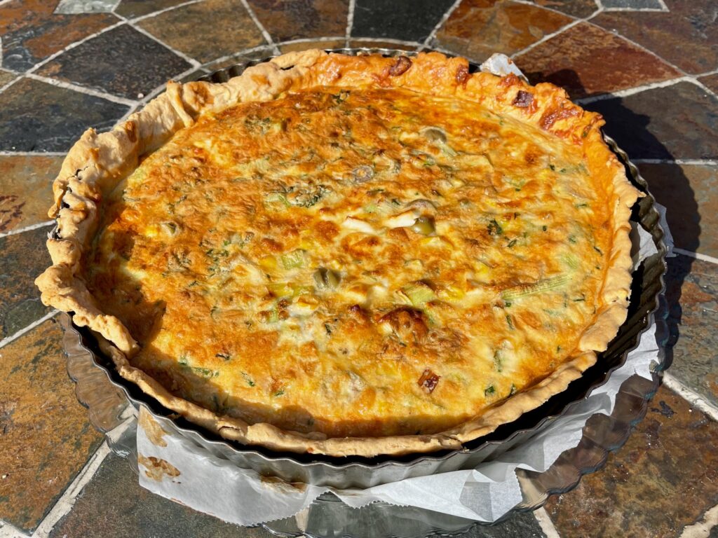 olive, leek, feta & sweetcorn quiche