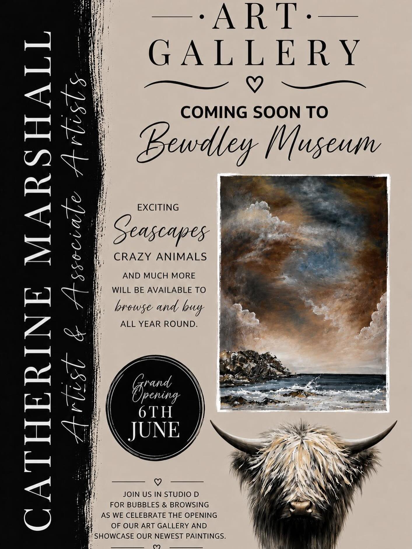 Grand opening promotional poster for Catherine Marshall Art Gallery at Bewdley Museum, featuring a seascape painting and a Highland cow illustration